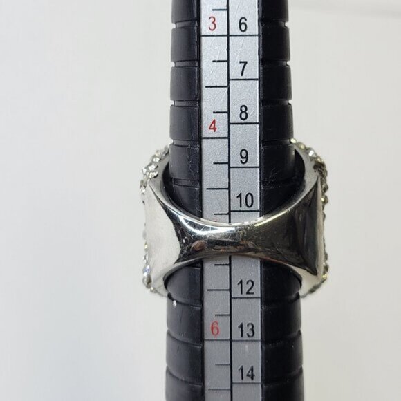Two Tone Silver and Black Color Wide Ring Concave Design with Rhinestones Sz 5 - Picture 5 of 14